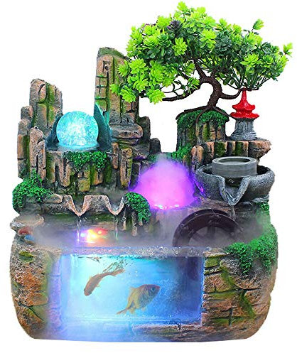 Zimmerbrunnen Tischplatte Brunnen Harz Wasserfall Tischbrunnen Dekoration Wasserspiel Brunnen Bonsai Wohnkultur mit Zerstäuber für Zuhause, Büro, Schlafzimmer Dekoration