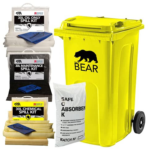 BearTOOLS 120L Spill Kits | Chemical, Maintenance, and Oil | UK Manufactured | Complete White, Grey, Yellow + Wheeled Yellow Bin, Complete Clip-top Kit | With Organic Flame Retardant Compound Granules