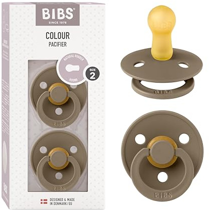 BIBS Colour Dummy, 6-18 Months, 2-Pack, Round Teat, Dark Oak | Natural Rubber Latex | Size 2 | BPA-Free | Made in Denmark | High Teat Acceptance | Airflow Holes | Comfort Shield