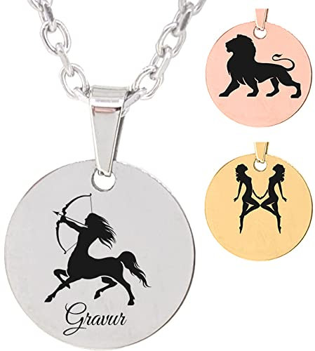 UHRENWELT Anhänger mit Sternzeichen und Kette/eigener Gravur Text auf Vorderseite & Rückseite möglich (Wunschgravur) / in 3 Farben wählbar (Silber/Gold/Rosé) (Silber)