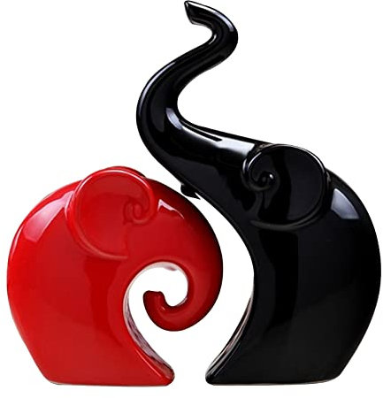 FONDUO Elefant Deko, Elefanten Pärchen aus Keramik in Schwarz und Rot, Moderne Skulptur als Paar aus Zwei Einzelnen Elefanten für Wohnzimmer, Deko-Figur, Geschenk Hauptdekoration