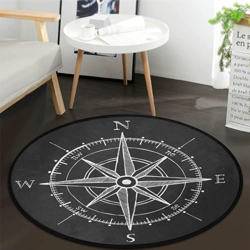 keepcute Runder Teppich im Vintage-Stil, Windrose, Kompass, schwarz, für Schlafzimmer, Wohnzimmer, Arbeitszimmer, Spielen, rutschfest, rund, Bodenmatte, Teppich, 1,5 m