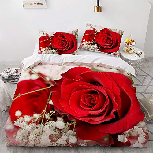 TULTOAP 3D Rot Rose Bedruckte Bettwäsche Sets, Romantische Rose Blume Bettbezug Rose Bettwäsche für Mädchen Erwachsene Schlafzimmer Dekoration (Rose 1,200 x 200 cm)