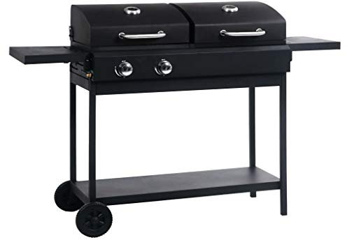 Gecheer Kombigrill Grill Barbecue 148,5 x 53 x 101,5 cm (B x T x H) mit 2 Brennern klappbaren Beistelltischen Gasgrill Holzkohlegrill Grill Smoker BBQ Grillwagen Standgrill Kohlegrill