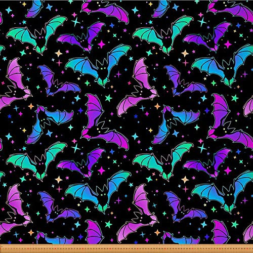 Halloween Fledermaus Stoff Meterware Glitzersterne Galaxie Möbelstoff für Kinder Kind Cartoon Gothic Fledermäuse Dekorationsstoff zum Quilten Nähen DIY Geschenk 276x150 (HxB) Petrol Blau Grün Lila