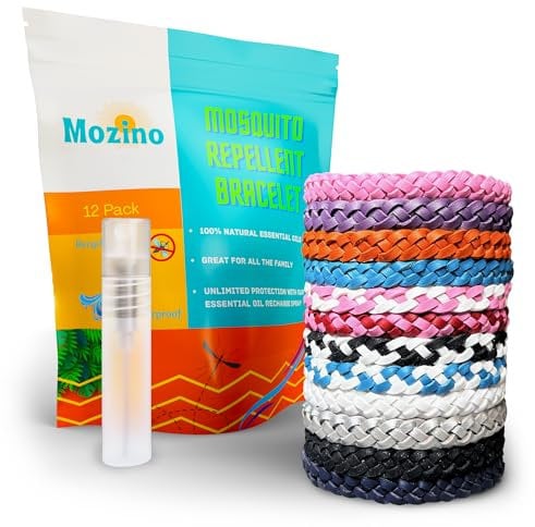 Mozino 100% Natural Mosquito Repellent Bracelet - 12-Pack for Kids & Adults - Water-Resistant DEET-Free - 300+hrs Insect Repellent Protection + Essential Oil Recharge Spray for Even Longer Protection