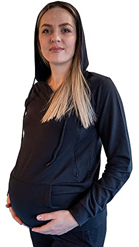 Mamatoto Mamma-huvtröja för amning, mjuk känsla, graviditets- och amningströja med känguruficka, Svart, 42