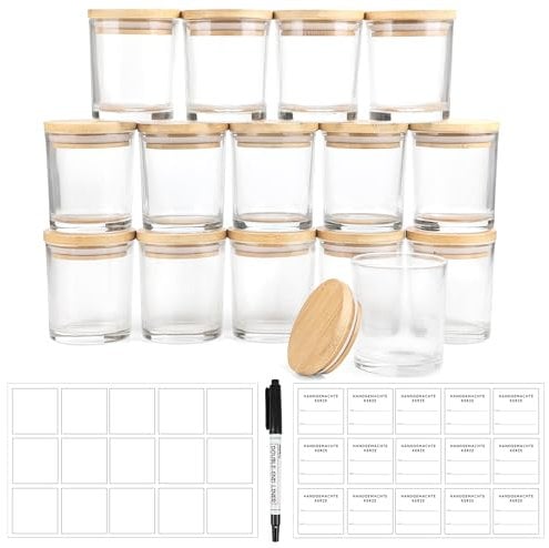 Winter Shore Portacandele Vetro da 170 ml con Coperchi [15 Pezzi] - Porta Candele Vuoti Trasparenti - Barattoli per Candele Fai da Te - Include 15 Etichette Adesive, 15 Etichette Vuote, 1 Penna Nera