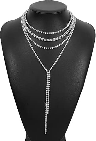 Weenkeey Collar largo de diamantes de imitación en capas Cadenas de diamantes de imitación Y Collar de Cristal Brillante Collares Cadena para Mujeres Niñas - Plata, Metal, Diamantes de imitación