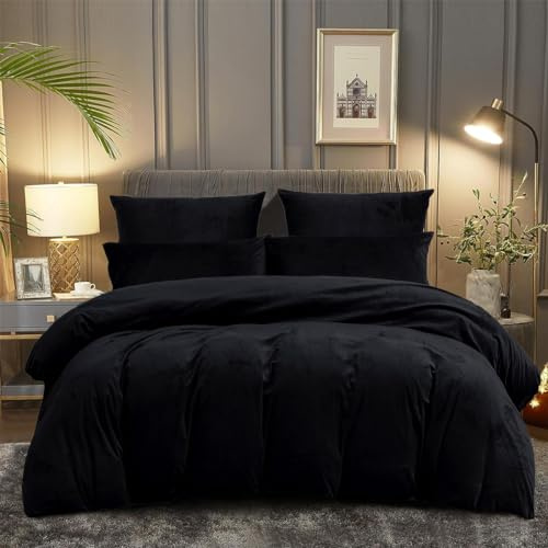 DXHOME Bettwäsche Plüsch 200x220 Schwarz Warme Winter Plüsch Flauschig Cashmere Touch Bettwäsche Kuschelweich Bettbezug mit Reißverschluss und 2 Kissenbezüge 80 x 80cm