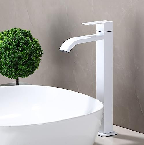 Kaltwasserhahn Wasserfall Einzelgriff Armatur Aufsatzwaschbecken,Wasserhahn Bad Hoch Wasserfall,Weiss