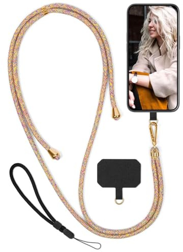 moex Unleash für Poco X5 Pro 5G Handyband zum Umhängen ohne Hülle, Handykette Universal mit Karabiner, Handy Band abnehmbar, Kette mit Pad für Handyhülle, Bunt, Gold