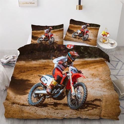 ROUSKI Bettwäsche Motocross 155x220 cm 3teilig 100% Leicht Mikrofaser Bettbezug Motorrad Wendebettwäsche mit Reißverschluss 3D Motiv Zimmer Dekor Bettwäsche-Sets mit 2 Kissenbezüge 80x80