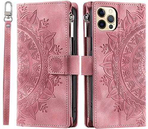 VEEMOS Wallet Case for iPhone 12 Pro Max Flower Flip Case Protective Leather Folio Book Phone Cover with Card Slots Kickstand Zipper Pocket - Pink