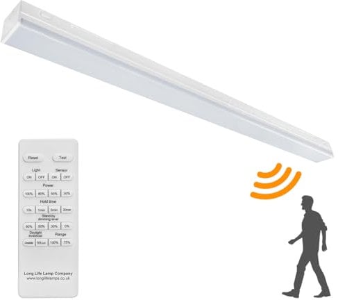 Long Life Lamp Company 60W LED Microwave Sensor Ceiling Batten Light Fitting 5 feet Remote Control Dimmable 6500k MSBL60