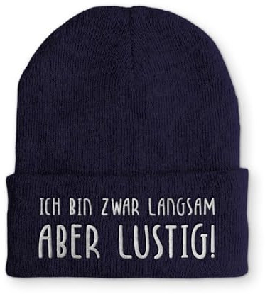tshirtladen Beanie Mütze Ich bin zwar langsam aber lustig! Statement Wintermütze, Farbe: Navy
