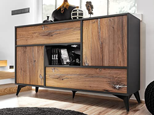 Komodee, Commode Buffet Orvieto 4D, Chêne Anthracite, Largeur 89cm x Hauteur 149,5cm x Profondeur 40cm, LED, pour Salon , Chambre
