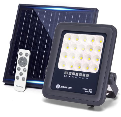 Aigostar Projecteur Solaire LED d’extérieur avec grand panneau solaire, 50W,500LM, batterie de grande capacité,IP65, 6500K, lampe solaire extérieure pour jardins, portes, garages,câble de 2M