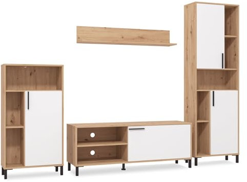 Homestyle4u 2528, Wohnwand Wohnzimmer Schrankwand Modern Weiß Holz Eiche Wohnzimmer Möbel 4 TLG. Anbauwand Komplett-Set
