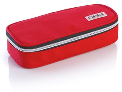 Favorit Federmäppchen für die Schule, oval, rot, 24 cm x 9,5 cm, Höhe 6 cm, mit silberfarbenem Reißverschluss, Füllung mit Stabilo-Produkten