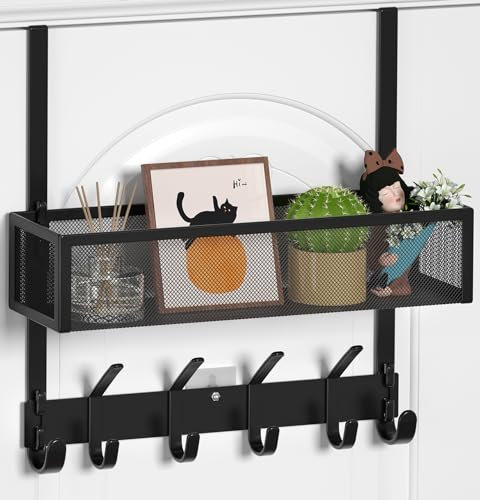 Aimeaihe Over The Door Hooks Organizer, Over The Door Towel Rack with Mesh Basket, 10 Coat Hooks and 2 Wreath Hangers, Bathroom Door Organizer Back of Door Hanger for Bedroom, Kitchen(Black)