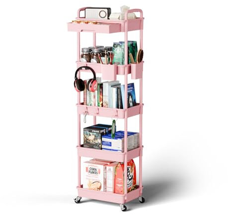 Sorgion Rollwagen-Organizer mit 5 Etagen, Badezimmer-Organizer mit Rädern, Waschküchen-Organisation, mobiles Regal, Mehrzweckwagen, Aufbewahrungsregale, multifunktional für Büro, Zuhause (Rosa)