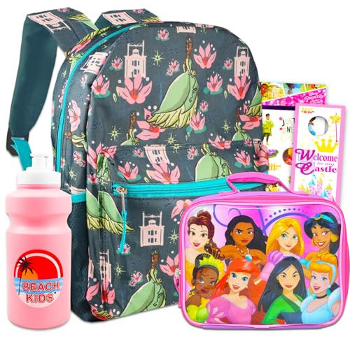Princess and the Frog - Juego de mochila y lonchera - Paquete con mochila de princesa Tiana de 16 pulgadas, bolsa de almuerzo de princesa, calcomanías, botella de agua, más | Mochila de princesa y