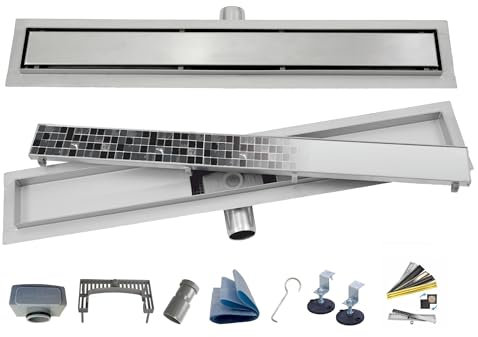 AQUA HEATING 2in1 linearer Edelstahl-Bodenablauf superflach Komplettset für Badezimmer mit bodengleicher Dusche, Duschrinne Ablaufgarnitur-Set, Duschablauf mit Siphon Doppelseitige Rost 80 cm silber