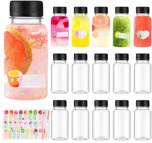 15 Pieza Botella de Zumo 100 ml, Botellas de Jugo de Plástico con Tapa Negra,Tarros de Plastico con Pegatina, Mini Botellas para Frigorífico, Almacenar Zumo, Bebidas, Agua
