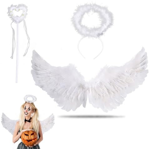 BOOSHMall Engel Kostüm, Engel Flügel Kinder, Federflügel Engel, 3 Stück Engelsflügel Deko mit Heiligenschein und Zauberstab, Für Kinder Halloween Karneval Kostüm Cosplay Party Outfit, Weiß Mittlere