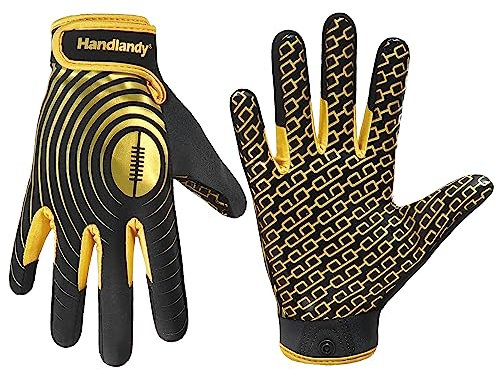 HANDLANDY Jugend American Football Handschuhe, Klebrige Wide Receiver Handschuhe für Kinder & Erwachsene, Schwarz und Gold Stretch Fit Football Handschuh (Jugend XS)