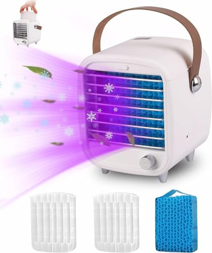 Ice Fan Cooler, Portable Air Conditioner Fan, 3 Speeds Fans & Cooling, Mini Air Cooler with 2 Pcs Ice Tray & Removable Cooling Pad (Fashion)