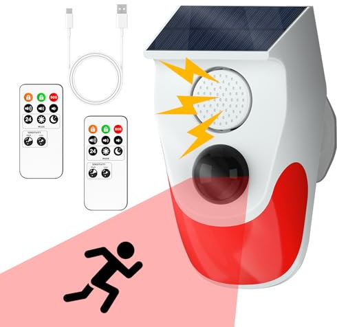 Cuteefun Sonnenenergie Bewegungsmelder Aussen, Durchgangsmelder mit 2 Fernbedienungen, Bewegungsmelder mit Alarm, 120dB Lautstärke, 3 Arbeitsmodi, Präsenzmelder für Garage, Bauernhof, Garten, Büro