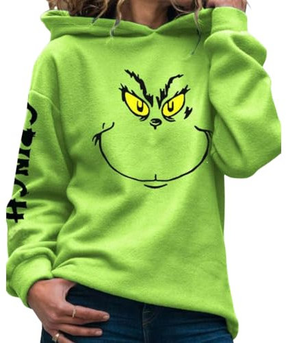 ENIXWH Grinch - Felpa con cappuccio natalizio, a maniche lunghe, casual, comoda per bambini, adulti e donne, verde, XXXL