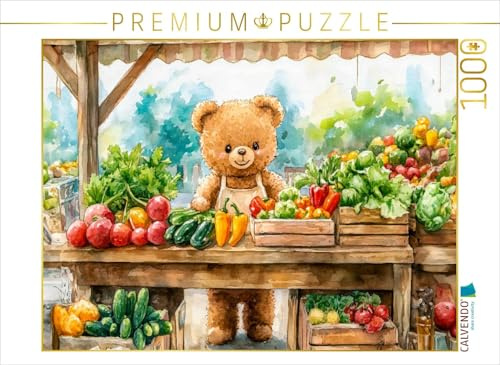 Puzzle · Teddy verkauft Obst auf dem Wochenmarkt | Eine charmante Aquarellzeichnung von einem Teddybären, der frisches… · 1000 Teile · Lege-Größe 64 × 48 cm · CALVENDO Puzzle