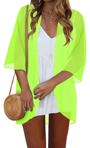 Women Kimono Cardigans Casual Summer Tops Cover up Open Front Floral Print Resort Wear, A-soild Neon Green, S