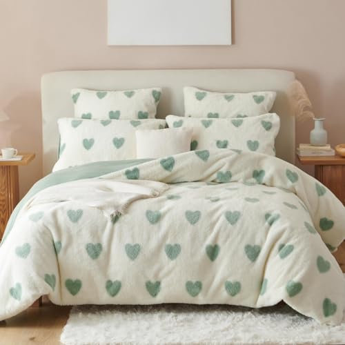 Sacebeleu Winter Bettwäsche 200x220 Plüsch Langhaar Flauschig Flanell Biber Bettbezug Grün Weiß Herzen Winterbettwäsche Warme Bettbezug und 2 Kissenbezug 80x80cm mit Reißverschluss