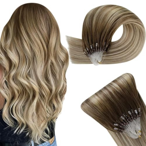 Easyouth Extensions Echthaar Microring Ombre Braun Micro Ring Echthaar Extensions Dunkelbraun Aschbraun Balayage Mittelblond Extension Microring Menschenhaar Glätten #3/8/22 35cm 50g 50s 1g/s