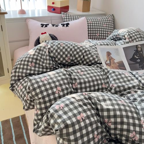 Nyescasa Housse de Couette 220x240 Noir à Carreaux Moderne Motif Nœud Papillon Rose Parure de lit Adulte 2 Personnes en Microfibre Housse Couette avec Fermeture Éclair et 2 Taies d'oreiller 65x65 cm