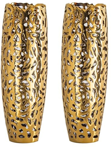 NewSangXia Boho Deko Goldene Bodenvasen Groß – 40,5 cm Hohe Vasen, Große Vasen für Boden & Schlafzimmer Deko (2er Set)
