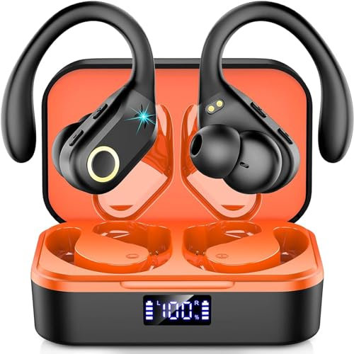 Wireless Earbuds Bluetooth 5.3 Headphones Stereo Bass, ENC Noise Cancelling Mic HD Call, Over Ear buds with Soft Earhooks for Sports, 60H Playtime LED Display, IP7 Waterproof Earphones for Android iOS