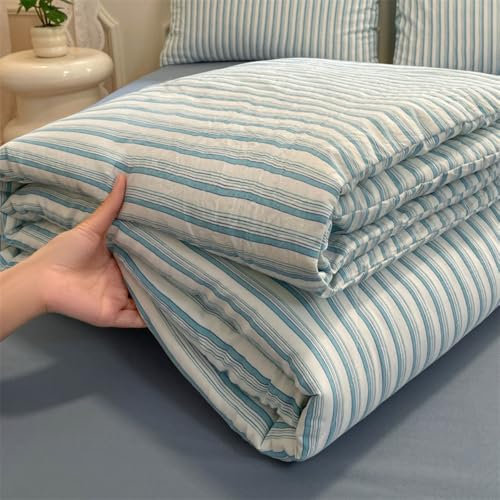 DOTBUY-SHOP Quilted Bedspreads, 2025 Plaid/Stripes Prints Quilt Bed Throws Cotton Filling Duvet Super King Single Double Size Children's Bed Quilted Throw for All Season (Cyan White,180x200)