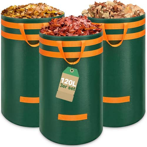 Enbagold 3X 120L Gartenabfallsack Stabil, Laubsack mit Griffen Gartensack Groß, Gartenabfallsäcke Gartensäcke Grünschnittsack, Selbststehend Grünschnittsäcke, Abfallsack für Gras Laub Gartenabfälle