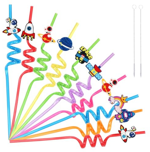 Paille Enfant, 10 Pièce Pailles Astronautes et 2 Goupillon Paille, Straws Plastique Colorées, Pailles Spirales Réutilisables pour Fêtes Anniversaire Enfants, Réunions de Famille