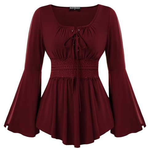 SCARLET DARKNESS Witch Top Women Smocked Lace Design Bell Sleeves Renaissance Shirt UK XL Wine Red