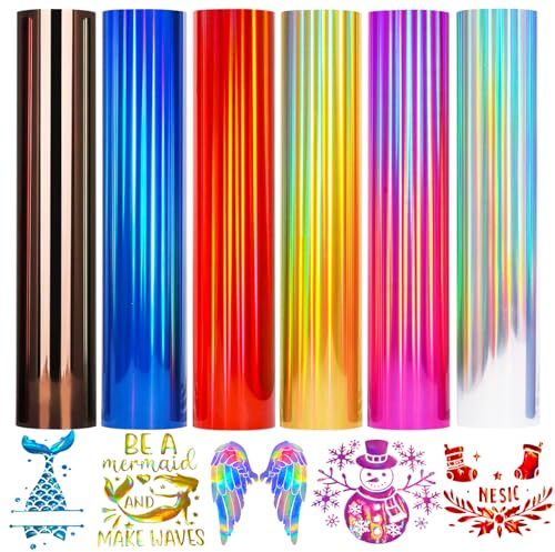Holographic Heat Transfer Vinyl Rainbow Metal Silver 6 Sheets 10 x 12 inch Gold HTV Iron On Vinyl for T-Shirts, Silhouette Cameo & Heat Press Machine