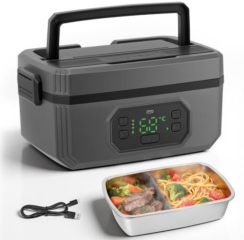 Brolteja Elektrische Lunchbox Kabellos,Thermobehälter für Essen mit Akku 24000mAh,zum Erhitzen von Speisen, Zeitvorwahl, Edelstahl Schale (1200 ml),Tragbarer Essenswärmer für Büro, Uni, Auto & Reisen