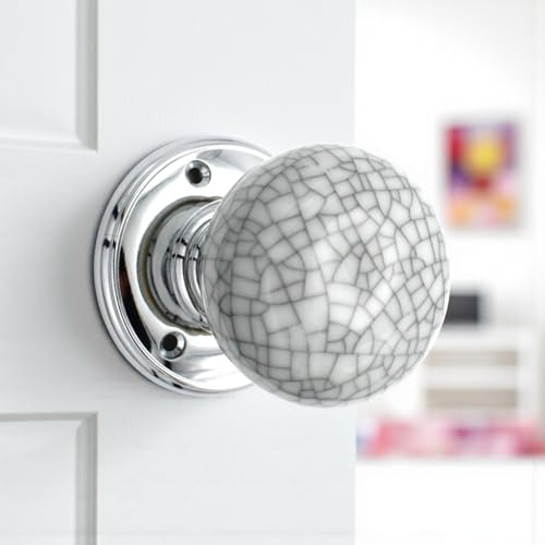 AB Hardware 60mm Blue Crackle Porcelain Polished Chrome Mortice Door Knob Knobs Pair Delamain