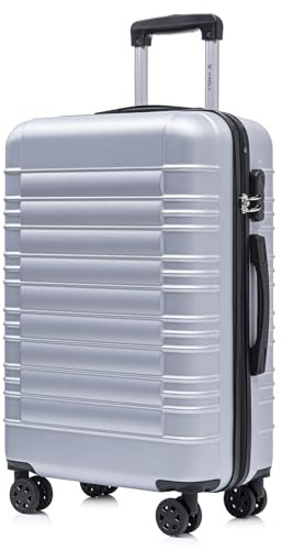YONSLY Koffer Suitcase L Silber, Trolley Reisekoffer, Rollkoffer Handgepäck mit 4 Rollen 360°, Hartschalenreisekoffer, Zahlenschloss, Weicher Gummigriff