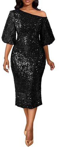 VERWIN Women's Oblique One Shoulder Sequin Elegant Party Cocktail Sparkly Puff Sleeves Midi Dress